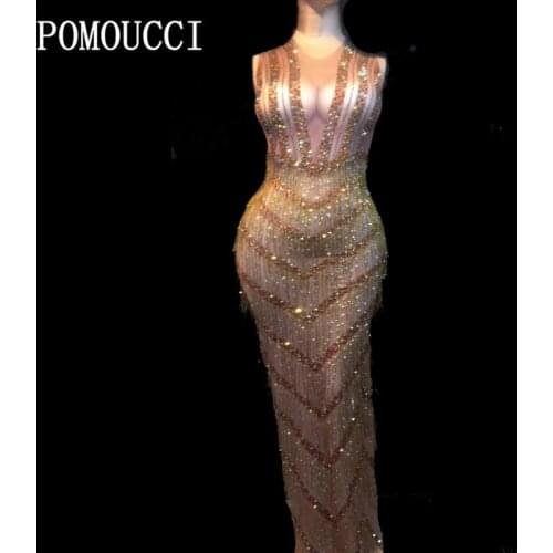 2020 Womens New Sparkly Sequins Long Dress Birthday Party Celebrate Dress Nightclub Sexy Costume Female Singer Show Bar Dress