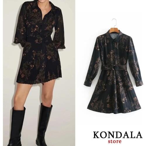 KONDALA Za 2020 Fashion Women Dress Vintage Floral Print Sashes Mini Party Dress Long Sleeve A-Line Elegant Vestidos Mujer