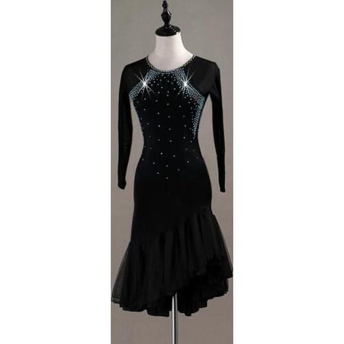 New Women Long Sleeve Salsa Samba Rhinestone Latin Dance Dress Cha Cha Rumba Performance Dresses Ballroom Tango Dancewear