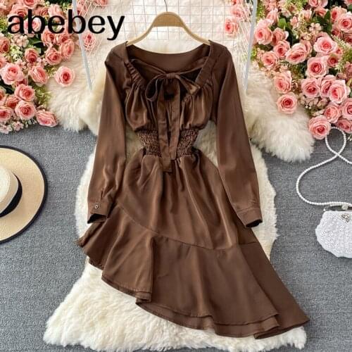 2021 New Spring Autumn French O-neck long sleeve Dress irregular Ruffles patchwork bow bandage high waist pleated A-line Dress