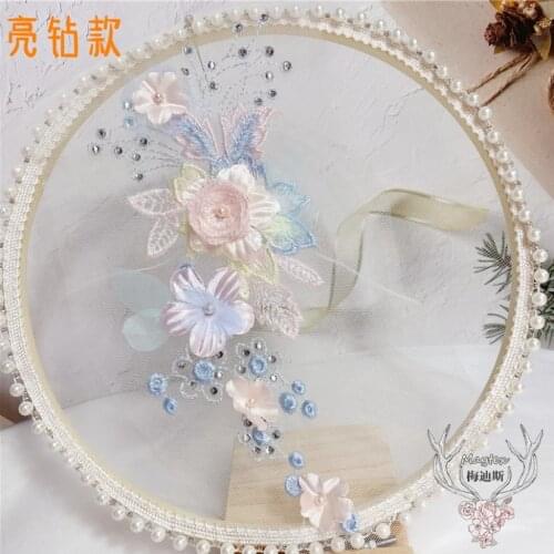 1 Piece/lot Pink 3D Lace Applique Trim Ribbon Embroidered Rhinestone Butterfly DIY Dress Clothing Headwear Accessories