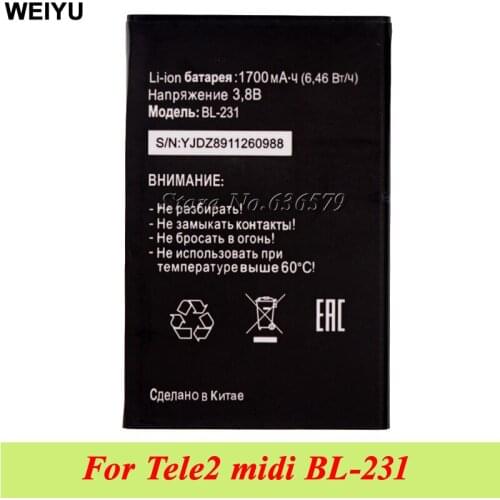10pcs/lot 1700mAh for Tele2 midi BL-231 Battery Bateria Batterij Accumulator