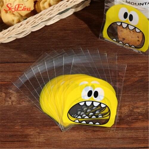 100pcs 10*10cm Big Mouth Monster Creative Plastic Bag Transparent Opp Self-Adhesive Birthday Cookie Candy Bags 7ZHH289