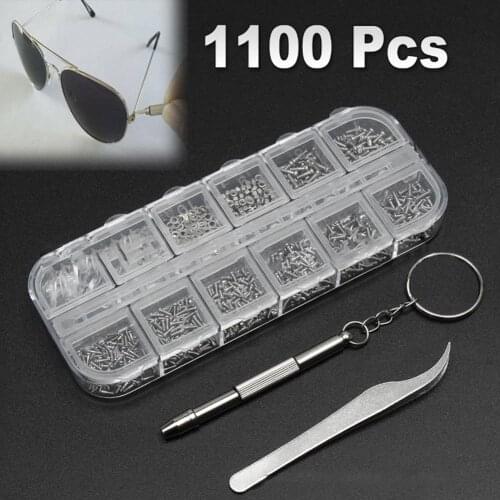 1100Pcs Screw Nut Washers Sunglasses Watch Clock Assortment Nose Pads Tweezers Screwdriver Eyeglass Repair Tool Assorted Kit