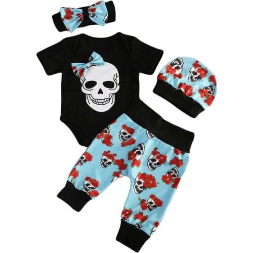 4pcs Newborn Babys Girls Clothes Jumpsuit Romper Bodysuit Long Pants Outfit Set skull Ghost Halloween Clothes