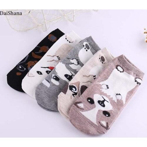 5Pairs Autumn Winter Fashion Animal Women Cotton Socks Dog Korea Harajuku Kawaii Cute Girls Casual Happy Funny Short Socks