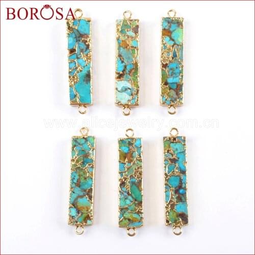 BOROSA 5/10PCS Gold Color Rectangle Copper Turquoises Connector Natural Blue Stone Double Charms Gems for Necklace Jewelry G1650
