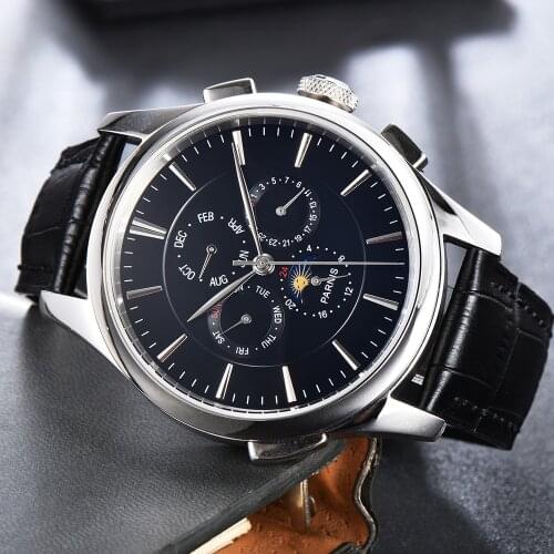 44mm parnis black dial Moon Phase day date multifunction automatic men’s watch