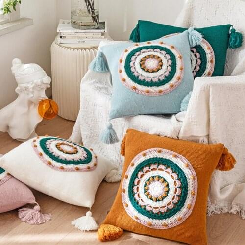 Floral Cuhion Cover 45x45cm Pillow Cove Pink Cream Yellow Green Tassels Acrylic Knit Home Decoration Pillow Case for Sofa Bed