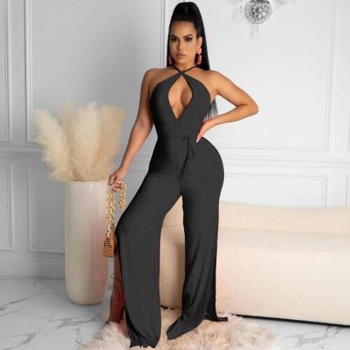 Womens Jumpsuit Sexy Sleeveless Backless Playsuit Clubwear Knitted Split Wide Leg Rompers Crisscross Hollow Out Long Bodysuits