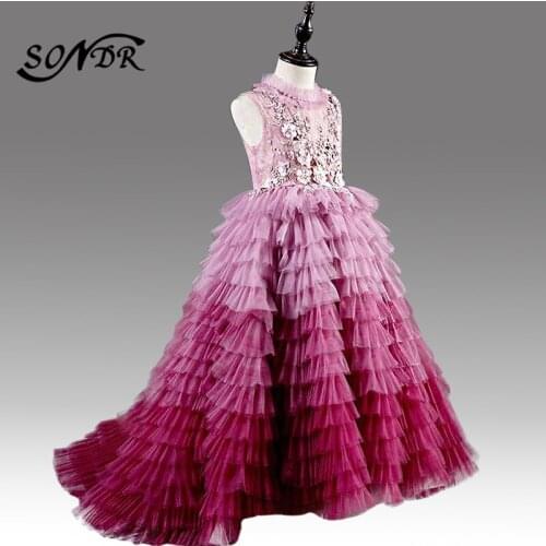 Gradient Pink Princess Ball Gowns HT102 High Collar Ruched Girls Stage Catwalk Party Dresses Appliques Lace Flower Girl Dress