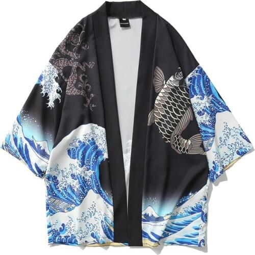 Apanese Kimono Cardigan Men Wave and Carp Print Long Kimono Cardigan Men Thin Mens Kimono Cardigan Jacket Coat 2019