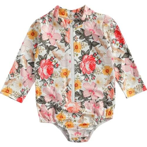 Little Girls Long Sleeve Jumpsuit, Children Flower Print O-neck Zipper Short Pants Floral Bodysuit One Piece 2021 New