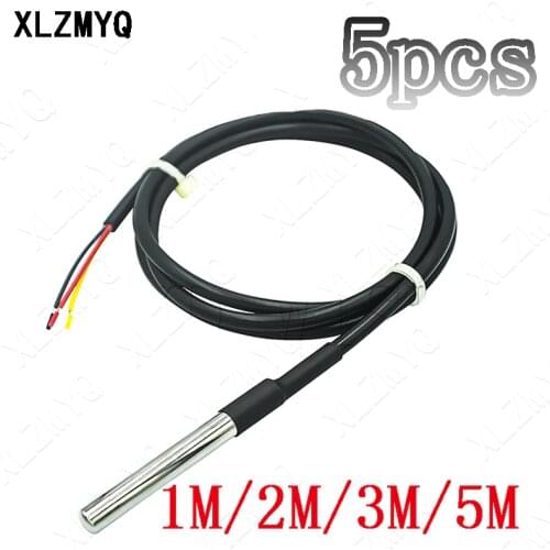 5PCS DS18B20 1M 2M 3M Temperature Sensor cable Kit Waterproof Digital Sensor Cable Stainless Steel Probe 100cm/200cm/300cm/500cm
