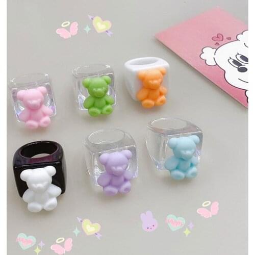 Korean Acrylic Jelly Cute Bear Transparent Wide Rings For Women Geometric Square Round Resin Ring Girl Party Aesthetics Jewelry