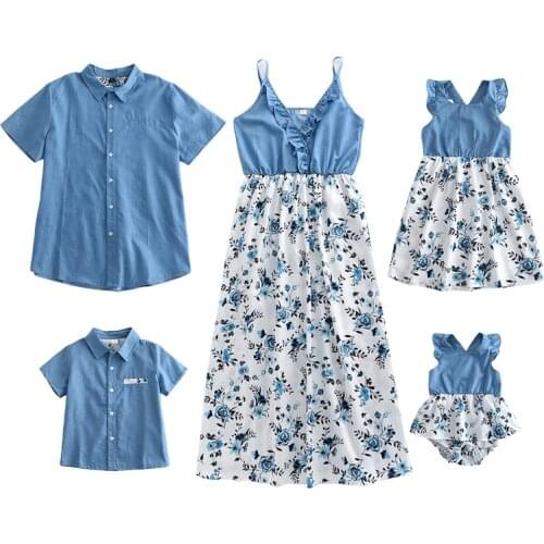Menoea Summer Family Matching Outfit Mother Daughter Flower Dresses Solid Printing Patchwork Fashion Dresses Clothes