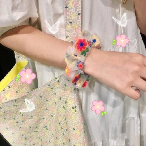 Sweet Women Hair Scrunchie Cute Daisy Elastic Hair Bands Girls Mesh Embroidery Floral Headbands Hair Ropes New Hair Accessories