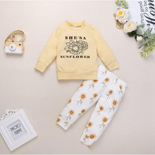 Lovely Babys Suit, Long Sleeve Round Neck Elastic Head Sunflower Printed Long Pants for Autumn
