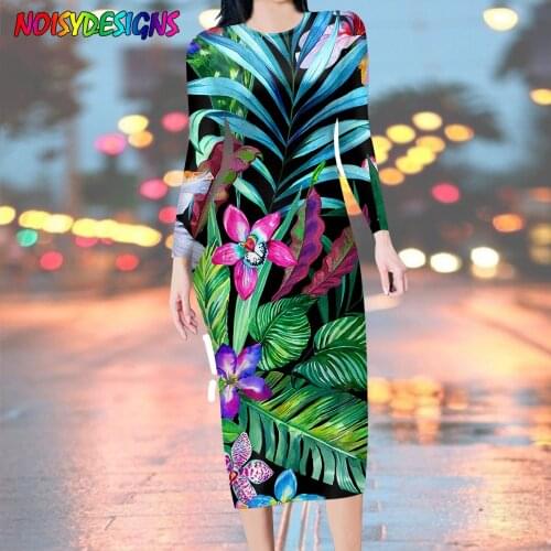 NOISYDESIGNS Women Hawaiian Tropical Flower Print Dresses Spring Long Sleeve Roupas Femininas Sundress Pencil Dresses For Women