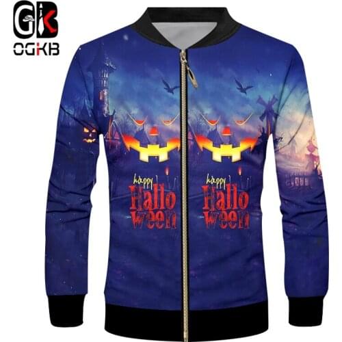 OGKB Mens New Creative Street Clothing 3D Printed Funny Pumpkin Castle Halloween Big Size Man 6XL Zip Jacket