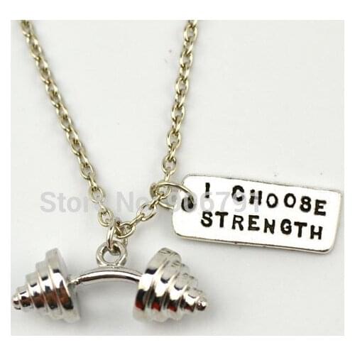 Weight loss fitness necklace 10pcs a lot sports Dumbbell GYM charm and I choose strength Necklace