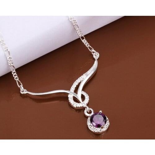 Necklace Silver Plated Necklace Silver 18 Inches Chain Pendant Necklaces Purple Crystal Jewelry Free Shipping azmn LN484