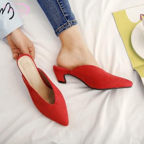 European casual style sexy pointed toe flock summer slippers fashion slip-on black red thick medium with womens shoes big size