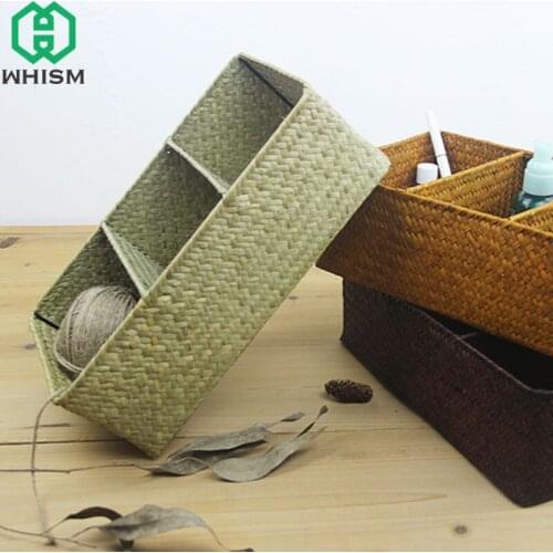 3Grids Rattan Basket Gadgets Storage Box Woven Storage Basket Snack Organizer Handmade Straw Laundry Kids Toy Container