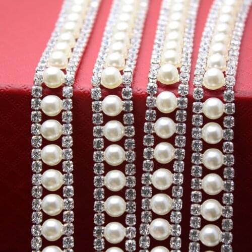 1 yard Crystal Pearl Rhinestone Cup Chain Silver Base For Wedding Dress Decoration Rhinestone Applique Sew on Garment