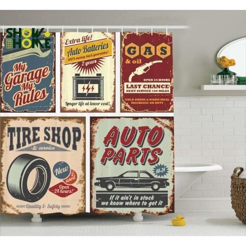 SHOWHOME Shower Curtain Vintage Car Signs Automobile Advertising Repair Vehicle Garage Fabric Bathroom Decor Set 12 Hooks