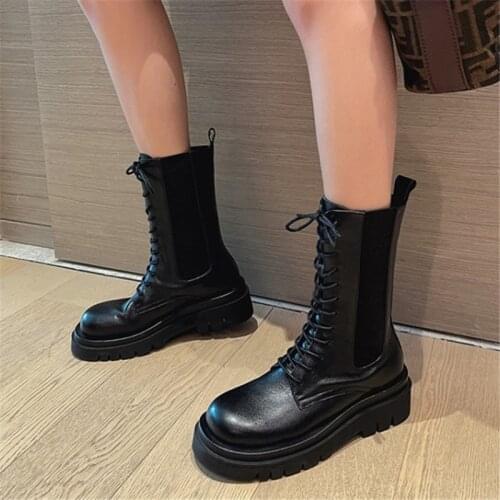 PXELENA 2021 Street Real Natural Leather Military Combat Riding Martin Boots Women Lace Up Chunky Heels Motorcycle Biker Shoes