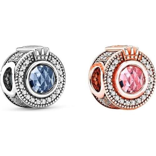 925 Sterling Silver Beads Charms Rosegold Blue Crystal Crown O Charm Fit Original pandora Bracelet Women DIY Jewelry Making