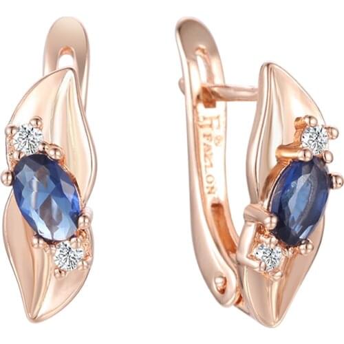 FJ Women White Blue Stone Earrings 585 Rose Gold Color Leaf Dangle Jewelry