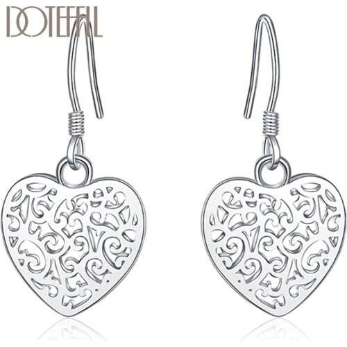 DOTEFFIL 925 Sterling Silver Hollow Pattern Heart Drop Earring For Women Lady Wedding Engagement Party Fashion Jewelry