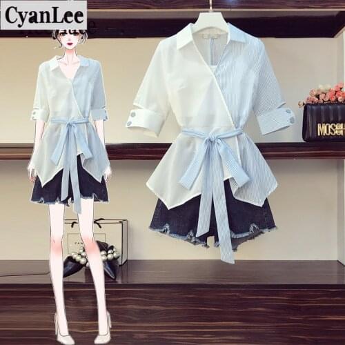 Cyanlee Plus Size Two Piece Set Women Patchwork Irregular Top And Denim Shorts Set Office Ladies Summer Sets Korean Outfits