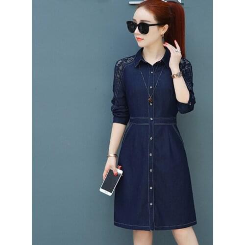 New Spring Autumn Plus Size Women Dresses Lace Sleeve Patchwork Collect Waist Slim Denim Dress For Women Larger Jeans One-Piece