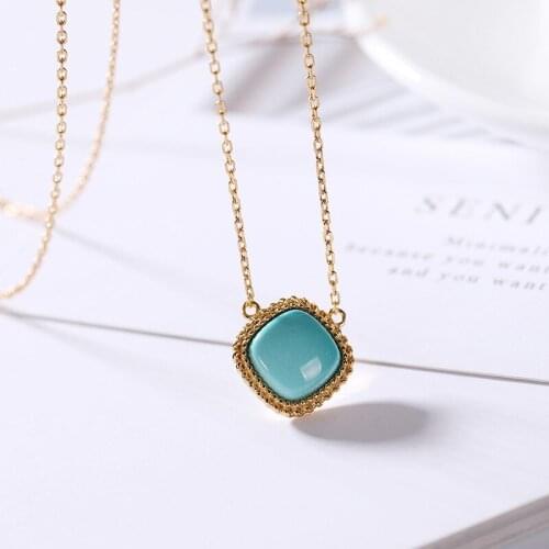 925 Sterling Silver Gold-plated With Square Light Blue Turquoise Natural Stonependant Necklace Chain Fine Jewelry For Women