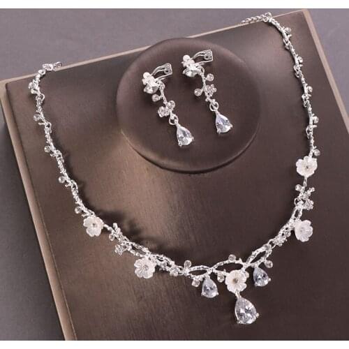 FORSEVEN Shining Crystal Flower Women Girl Bride Noiva Wedding Party Dress Jewelry Sets Choker Necklace Drop Earring Accessories