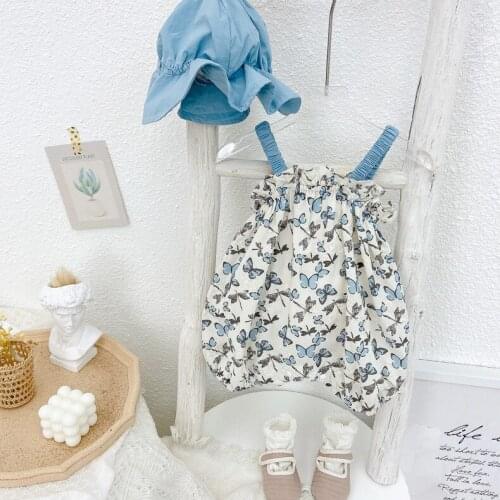 2021 Summer Cute Blue Butterfly Baby Girl Cotton Bodysuit Sleeve Jumpsuits + Hat 2pcs Outfits Children Causal Overalls Beachwear