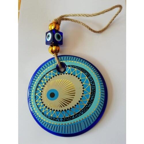 Big Size-14 cm Diameter- Golden Gilted and Colored Patterned Glass Blue Evil Eye Wall Hanging Ornament – Turkish Nazar Bead - Ho