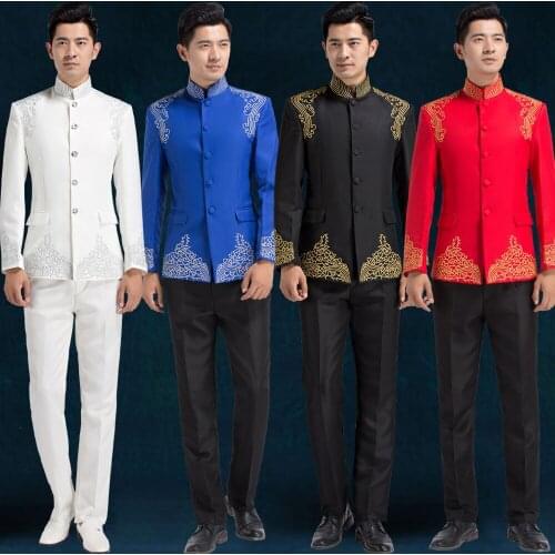 Chinese style embroidered suit male costume professional formal dress traditional Chinese tunic men