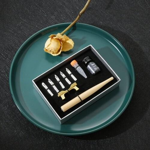 Wooden Calligraphy Dip Pen + 5 Nibs Ink Kit Gift Box Set