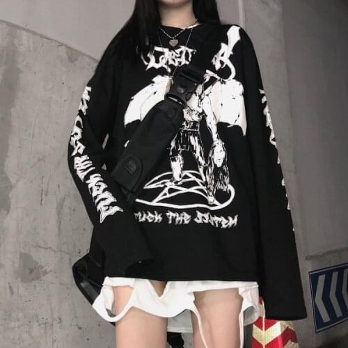 Harajuku kawaii Print Summer Fashion Female Long sleeve Casual Vintage women black tees top Punk Gothic T-shirt Loose Streetwear