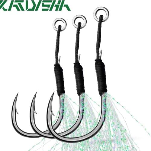 KATYUSHA 100Pcs Metal Jig Luminous Assist Hooks 11-19# Jigging Spoon Fishhooks With PE Line Feather Solid Ring Fishing Hooks