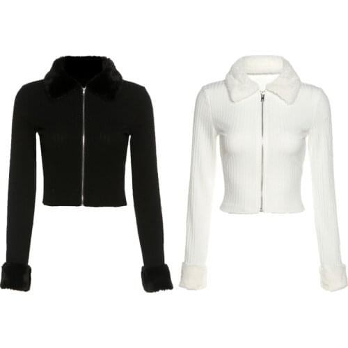 Women Plush Patchwork Long Sleeve Jacket Zip Up Lapel Collar Sweater Coat Solid Color Slim Fit Ribbed Knitwear Crop Top