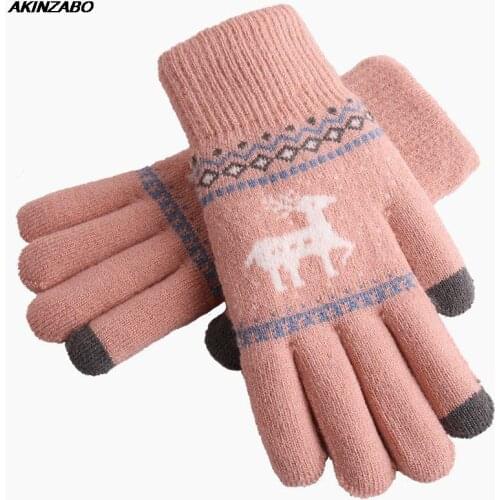 Korean Knitted Touch Screen Warm Winter Gloves Women Wool Thermal Padded Girls Cold Gloves Fawn Full Finger Female Winter Gloves