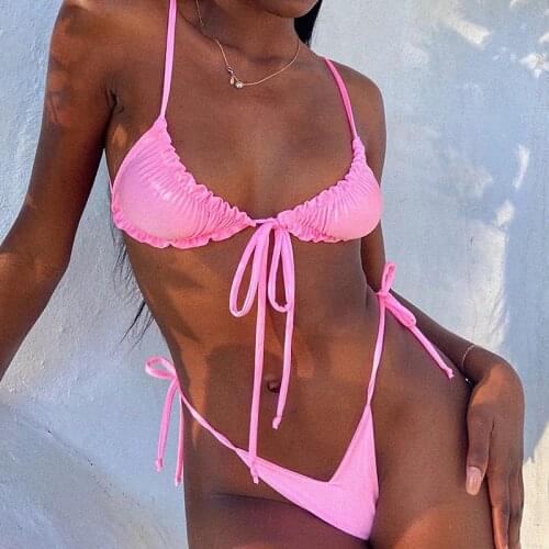 Sexy Micro Bikini 2021 Women Solid Swimsuit Bandage Bikini Set Swimwear Female Halter Top Brazilian Bathing Suit Bather Biquini