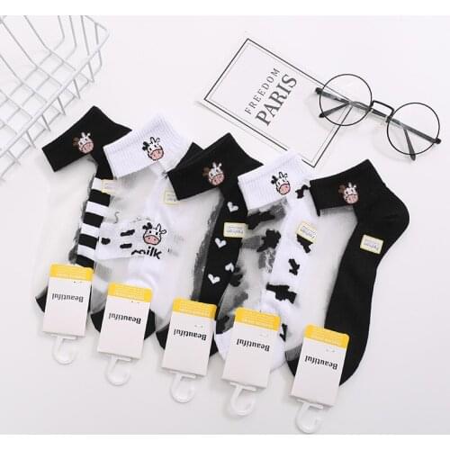 5 Pairs Women Socks 1 Pack Set Harajuku Cartoon Sock Animal Bear Panda Cow Lace Short Ankle Sock Mesh Elastic Female Sox Mujer