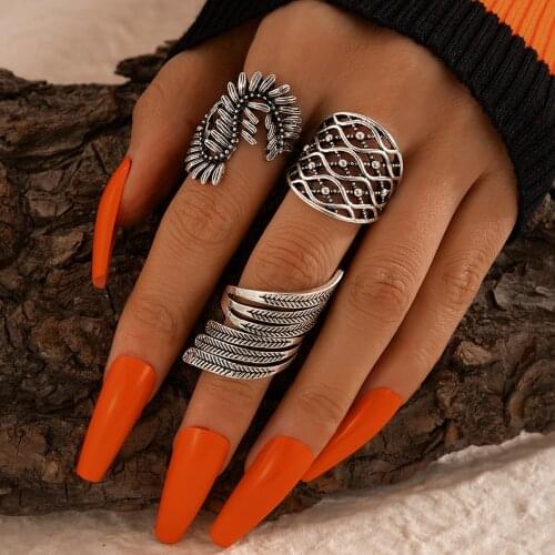 New Vintage Bohemian Ethnic Ring 3 Piece Feathered S-shaped Hollow Wide Ring Combination Set Wedding Party Jewelry Accessories