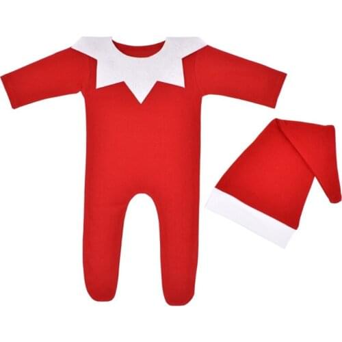Newborn Photography Props Clothing Red Baby Romper with Collar Long Tail Hat Set